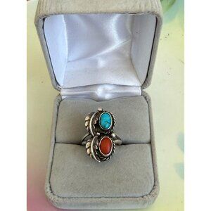 Vintage 60s Navajo Native American Sterling Ring Turquoise Coral Sz 4 3/4